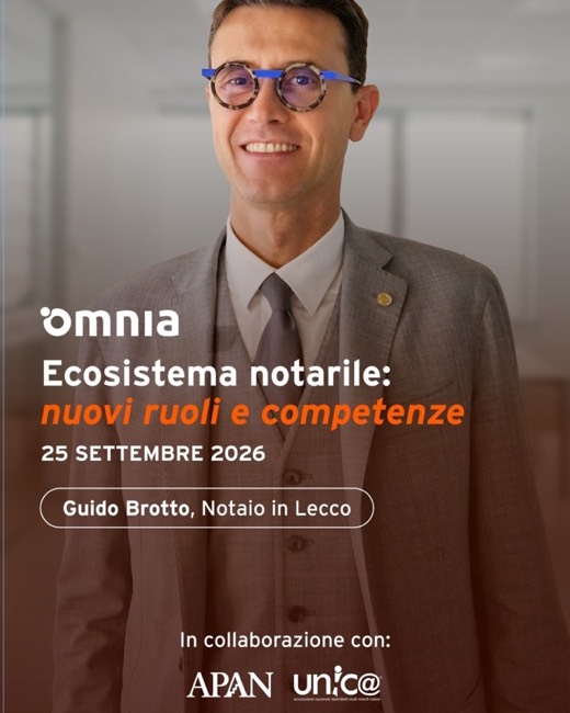 Post Instagram APAN: Omnia, Ecosistema notarile, 25 settembre 2026, Guido Brotto, Notaio in Lecco